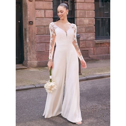 Bridal Jumpsuit Lace Lace Floor-Length Jumpsuit V-Neck Long Sleeves Natural Waist - milanoo.com - Modalova