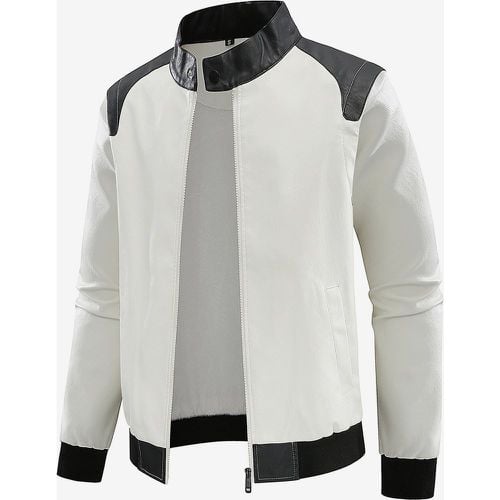 Men's Baseball Jacket Long Sleeves Zip Closure Color Block Leather Jacket - milanoo.com - Modalova