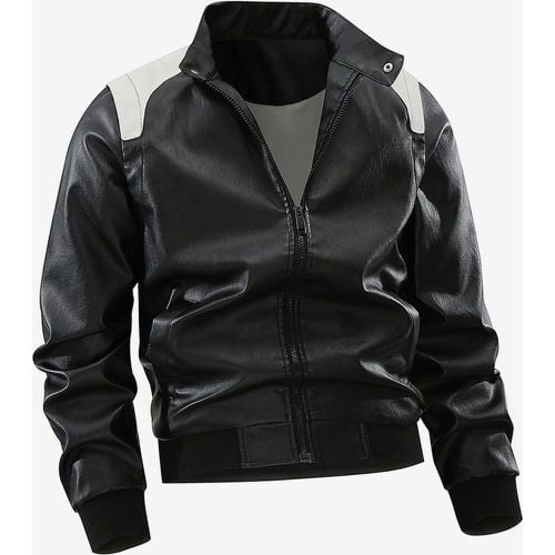 Men's Baseball Jacket Long Sleeves Zip Closure Color Block Leather Jacket - milanoo.com - Modalova