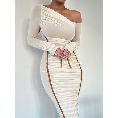 Bodycon Dresses Two-Tone Long Sleeves Pleated Chic One-Shoulder Midi Dress Sheath Dress - milanoo.com - Modalova