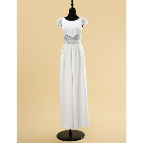 Two-piece Wedding Dress Lace Cut Out Jewel Neck Two-piece Floor-Length Zipper Short Sleeves Floor Length Ivory - milanoo.com - Modalova