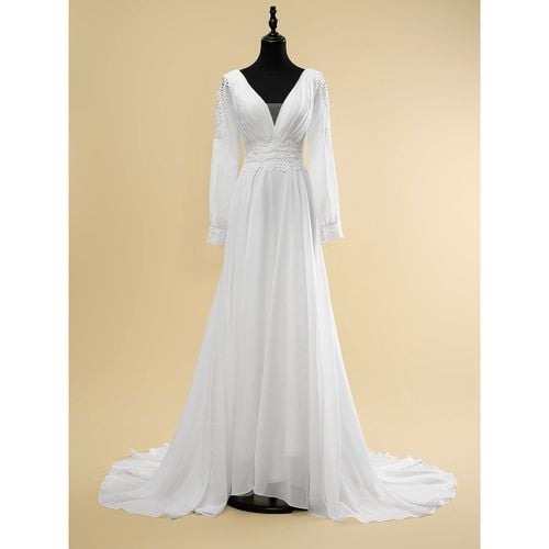 Simple Wedding Dress A-Line V-Neck Long Sleeves Cut Out 40cm Bridal Gowns - milanoo.com - Modalova