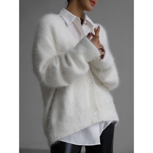 Faux Fur Cardigan khaki Long Sleeves V-Neck Oversized Spring Cozy Outerwear For Women 2025 - milanoo.com - Modalova