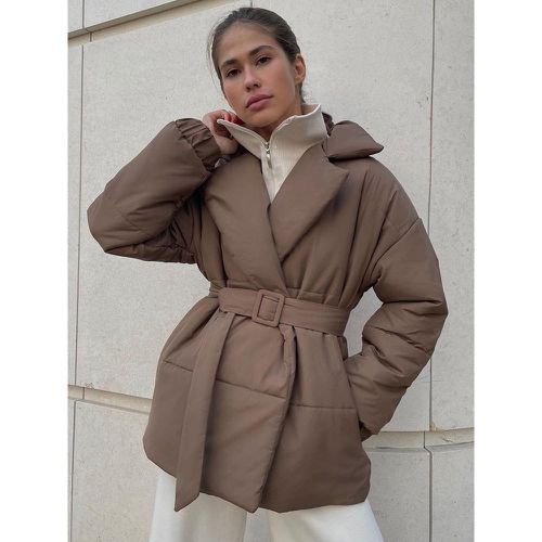 Puffer Jackets Turndown Collar Oversized Chic Sash Daily Casual Gray Outerwear For Women - milanoo.com - Modalova