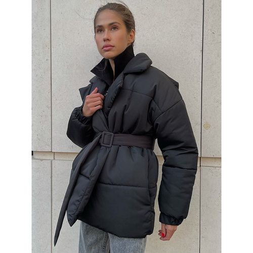 Puffer Jackets Turndown Collar Oversized Chic Sash Daily Casual Gray Outerwear For Women - milanoo.com - Modalova