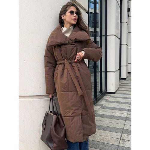 Winter Coats Ecru White Oversized Long Sash Turndown Collar Front Button Long Sleeves Casual Winter Coat Outerwear - milanoo.com - Modalova