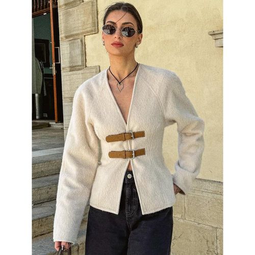 White Jacket For Women Drop Shoulder V-Neck Buckle Details Spring Casual Outerwear 2025 - milanoo.com - Modalova