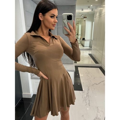 Polo Collar Skater Dress Gray Casual Long Sleeves Flared Sexy Mini Dress For Women 2025 - milanoo.com - Modalova