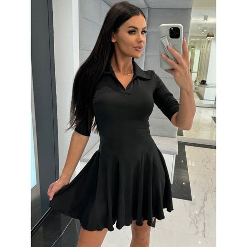 Polo Collar Skater Dress Gray Casual Long Sleeves Flared Sexy Mini Dress For Women 2025 - milanoo.com - Modalova