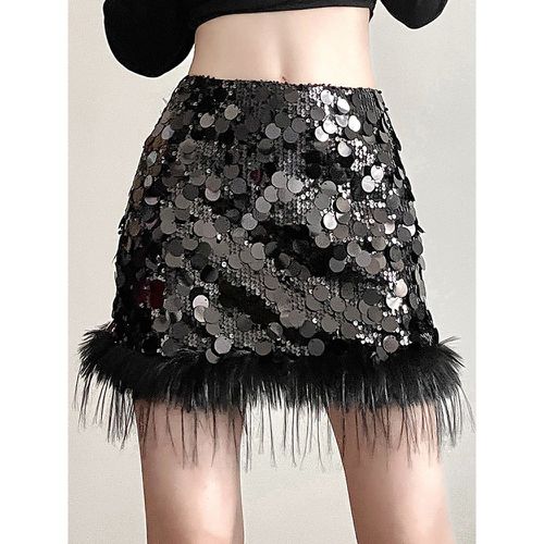 Sequin Mini Skirt with Feather Trim Natural Waist Sexy Birthday Party Short Skirt For Women 2025 - milanoo.com - Modalova