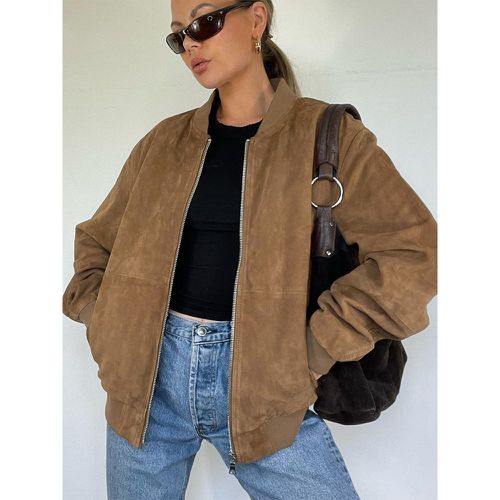 Suede Bomber Jacket Stand Collar Zip-Up Oversized Spring Outerwear For Women 2025 - milanoo.com - Modalova