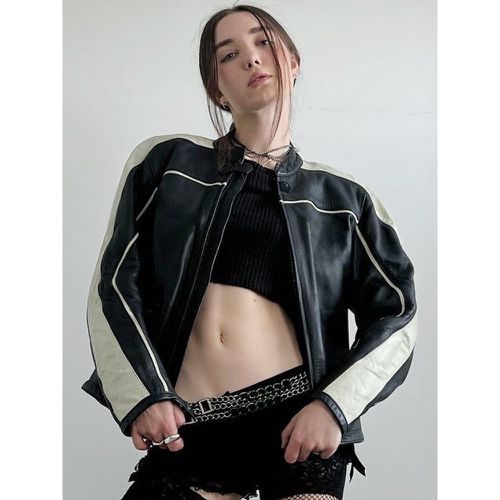 PU Leather Jacket with White Stripes Stand Collar Zipper Oversized Spring Outerwear For Women 2025 - milanoo.com - Modalova