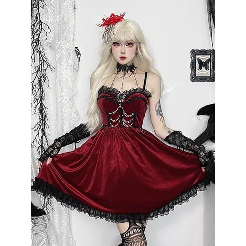 Women's Gothic Dress Lace Ruffles Chains Gothic Velour Tunic Short Dress - milanoo.com - Modalova