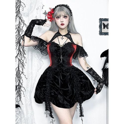 Women's Gothic Clothing Lace Up Lace Gothic Polyester Tunic Short Dress - milanoo.com - Modalova