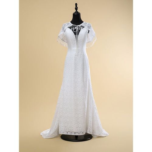 Boho Wedding Dress Lace Fringe Sheath With Train Natural Waist Zipper Sleeveless V-Neck Ivory - milanoo.com - Modalova