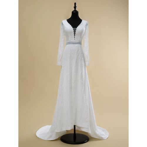 Boho Wedding Dress Lace Cut Out Ball Gown With Train Natural Waist Backless Long Sleeves V-Neck Ivory - milanoo.com - Modalova