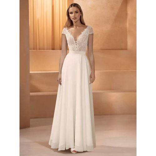 Simple Wedding Dress Lace V-Neck Short Sleeves Lace A-Line Bridal Gowns - milanoo.com - Modalova