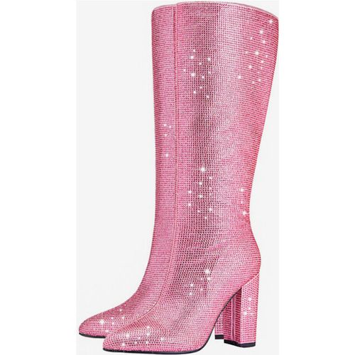 Knee Boots Glitter Rhinestones Pointed Toe Chunky Heel Party Boots - milanoo.com - Modalova