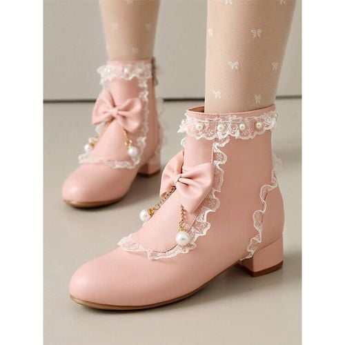 ROCOCO Style Lolita Boots White Bows Ruffles Pearls Round Toe PU Leather Lolita Footwear - milanoo.com - Modalova