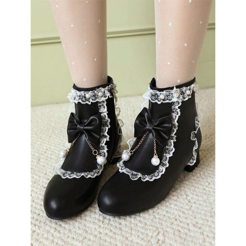 ROCOCO Style Lolita Boots White Bows Ruffles Pearls Round Toe PU Leather Lolita Footwear - milanoo.com - Modalova