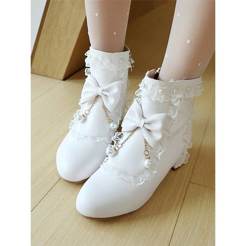 ROCOCO Style Lolita Boots Bows Ruffles Pearls Round Toe PU Leather Lolita Footwear - milanoo.com - Modalova