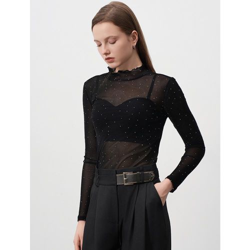 Sheer Mesh T-shirt For Women Rhinestone Long Sleeves Ruffle Turtleneck Top 2025 - milanoo.com - Modalova