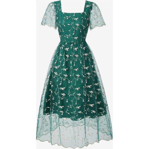 Floral Embroidered Retro Dress A-line Short Sleeve Square Neck 1950s Audrey Hepburn Style Swing Midi Dress For Women 2025 - milanoo.com - Modalova