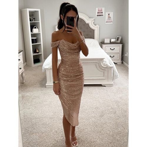 Sequin Party Dress With Asymmetrical Hem Off-Shoulder Ruched Midi Dress For Women 2025 - milanoo.com - Modalova