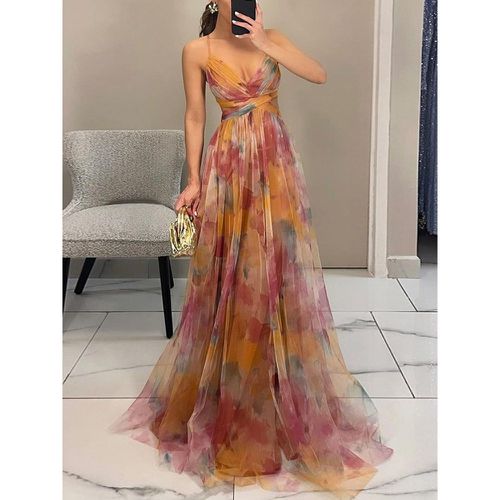 Floral Printed Maxi Strap Dress Cut Out Cross Waist Floor-Length Elegant Long Party Gown For Women 2025 - milanoo.com - Modalova