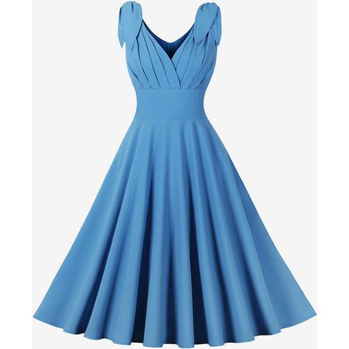 Vintage Dress With Bow Shoulder V-Neck Sleeveless 1950s Audrey Hepburn Style Blue A-line Midi Dress For Women 2025 - milanoo.com - Modalova