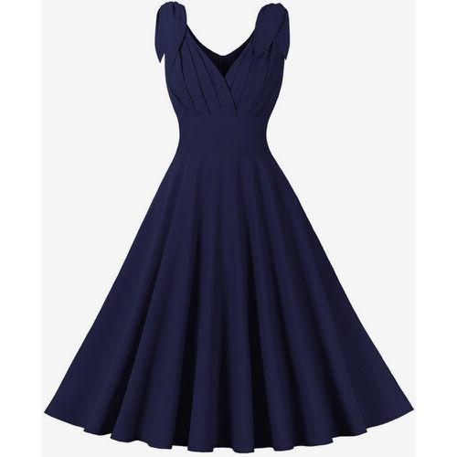 Vintage Dress With Bow Shoulder V-Neck Sleeveless 1950s Audrey Hepburn Style Blue A-line Midi Dress For Women 2025 - milanoo.com - Modalova