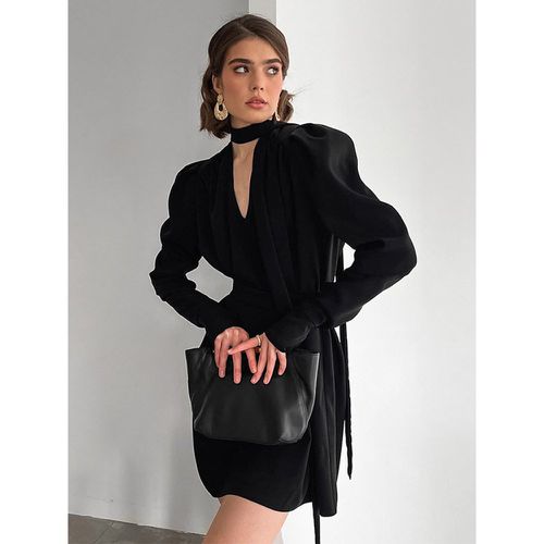 Skater Dresses With Bow Tie V-Neck Puff Long Sleeves Belted Elegant Spring A-line Mini Dresses For Women 2025 - milanoo.com - Modalova