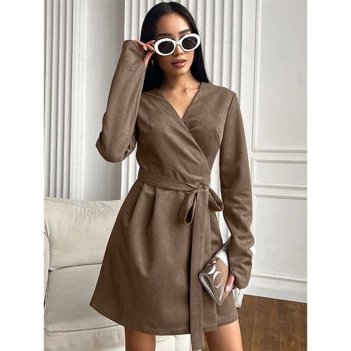 Belted Wrap Dress V-neck Long Sleeve Spring Casual Mini Skater Dress For Women 2025 - milanoo.com - Modalova