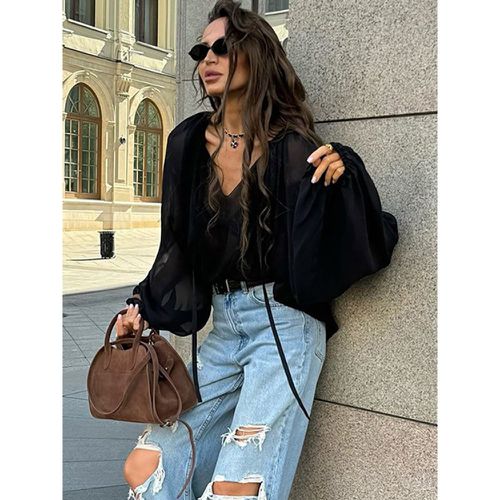 Oversized Blouse With Tie Detail V-Neck Long Lantern Raglan Sleeve Casual Sheer Tops For Women 2025 - milanoo.com - Modalova