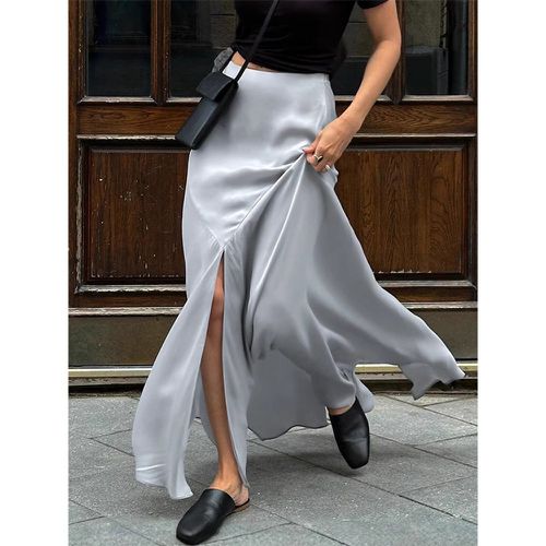 Satin Skirt with Slit High Waisted Solid Color Summer A-line Long Skirt For Women 2025 - milanoo.com - Modalova