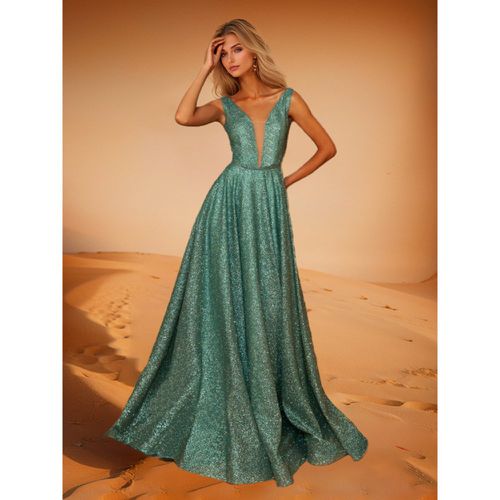 Evening Dress A-Line V-Neck Polyester With Train Formal Dinner Dresses - milanoo.com - Modalova