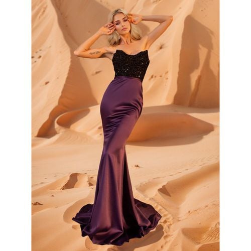 Evening Dress Ball Gown Strapless With Train Sleeveless Zipper Sequins Satin Fabric Formal Dinner Dresses - milanoo.com - Modalova