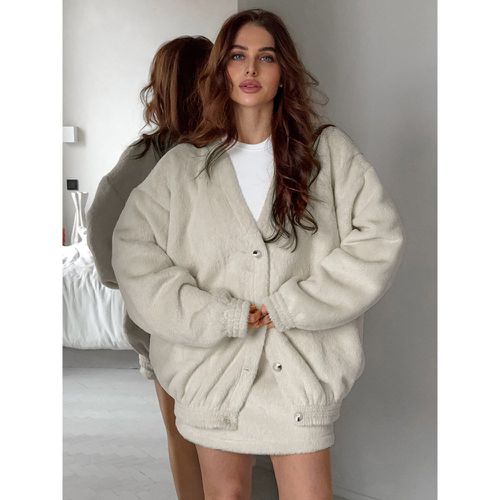 Polar Fleece 2 Piece Set V-neck Oversized Jacket And Mini Skirt Spring Casual Outfit For Women 2025 - milanoo.com - Modalova