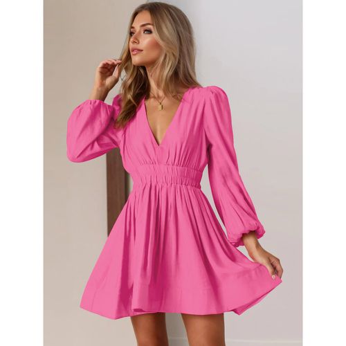 Skater Dress Deep V-Neck Lantern Long Sleeves Pleated Waist Flared Mini Dress For Women 2025 - milanoo.com - Modalova