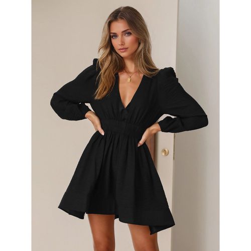 Skater Dress Deep V-Neck Lantern Long Sleeves Pleated Waist Flared Mini Dress For Women 2025 - milanoo.com - Modalova