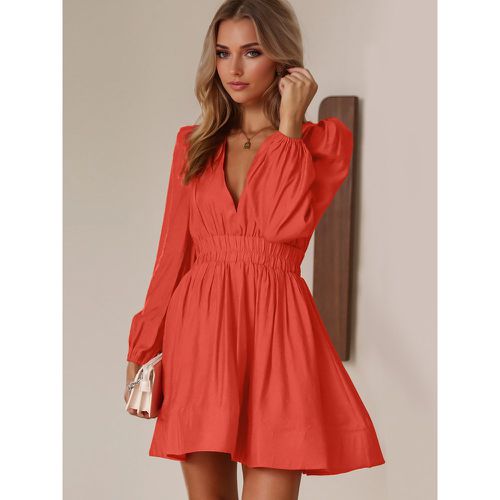 Skater Dress Deep V-Neck Lantern Long Sleeves Pleated Waist Flared Mini Dress For Women 2025 - milanoo.com - Modalova