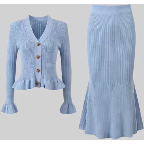 Knitted 2 Piece Set For Women V-neck Bell Sleeve Top And Mermaid Skirt Spring Outfit For Women 2025 - milanoo.com - Modalova