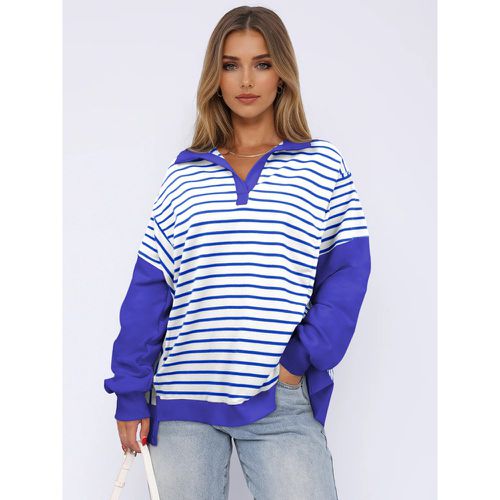 Stripes Printed Sweatshirt Dropped Shoulder Two-Tone Turndown Collar Spring Tops For Women 2025 - milanoo.com - Modalova