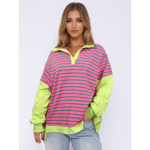 Stripes Printed Sweatshirt Dropped Shoulder Two-Tone Turndown Collar Spring Tops For Women 2025 - milanoo.com - Modalova