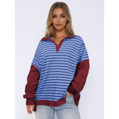 Stripes Printed Sweatshirt Dropped Shoulder Two-Tone Turndown Collar Spring Tops For Women 2025 - milanoo.com - Modalova