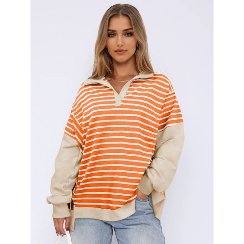 Stripes Printed Sweatshirt Dropped Shoulder Two-Tone Turndown Collar Spring Tops For Women 2025 - milanoo.com - Modalova