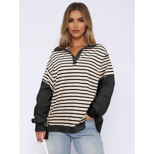 Stripes Printed Sweatshirt Dropped Shoulder Two-Tone Turndown Collar Spring Tops For Women 2025 - milanoo.com - Modalova