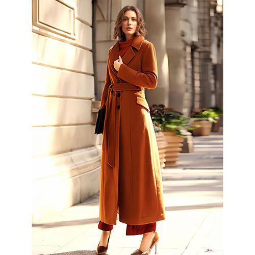 Wool Blend Long Coat Classic Lapel Belted Full Length Winter Outerwear For Women 2025 - milanoo.com - Modalova