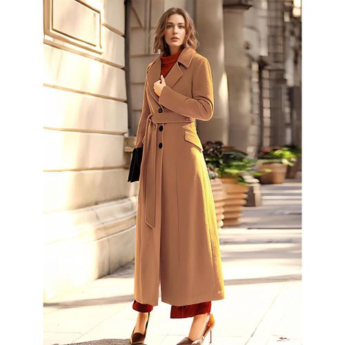 Wool Blend Long Coat Classic Lapel Belted Full Length Winter Outerwear For Women 2025 - milanoo.com - Modalova