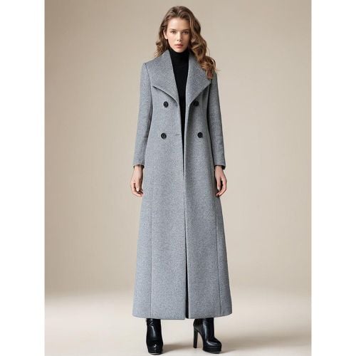 Woolen Coat For Women Turndown Collar Double-breasted Full Length Retro Wrap Coat Winter Outerwear 2025 - milanoo.com - Modalova